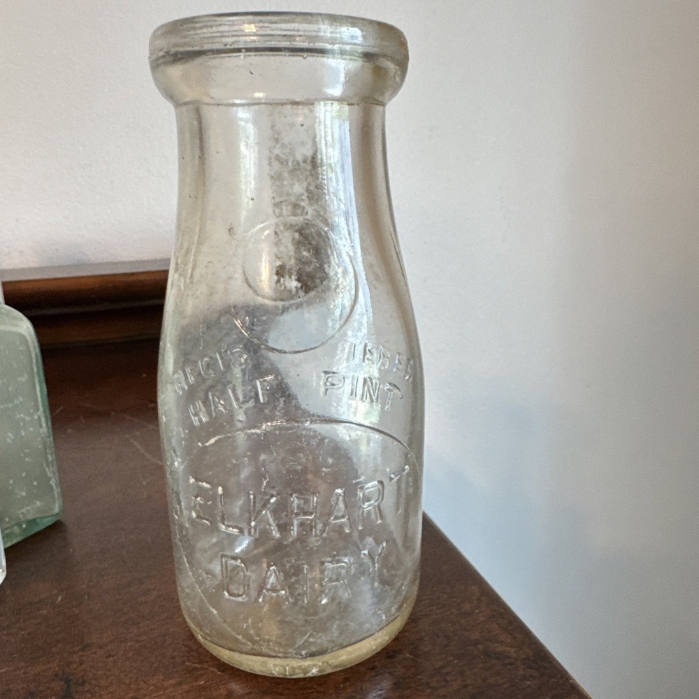 5.5" Vintage Elkhart Dairy Embossed Clear Glass Half Pint Bottle Indiana
